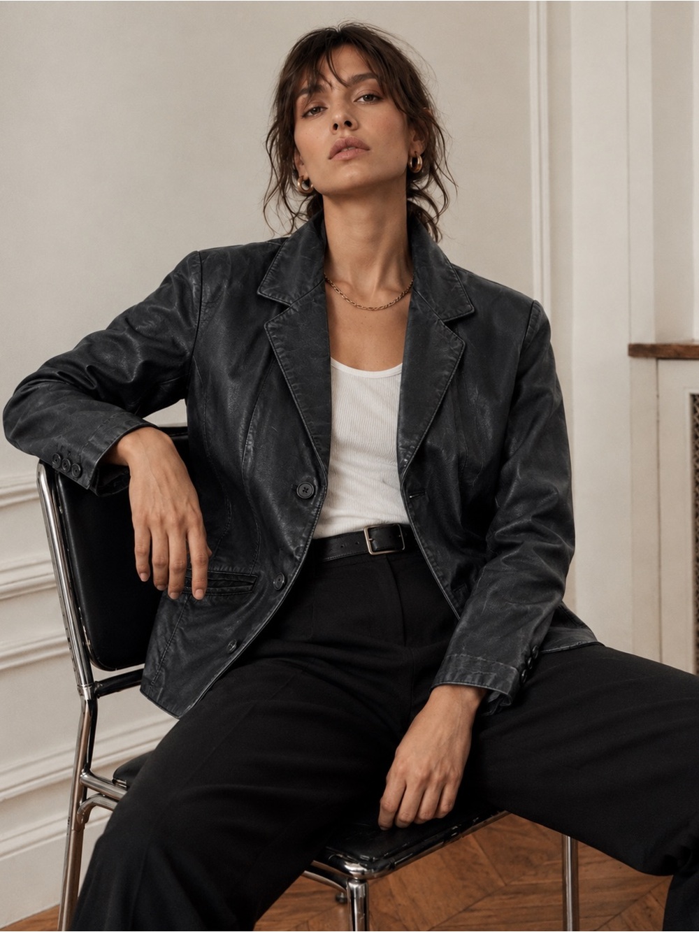 Danier Vintage Y2K Genuine Leather Blazer Jacket Black Tailored Minimalist Chic